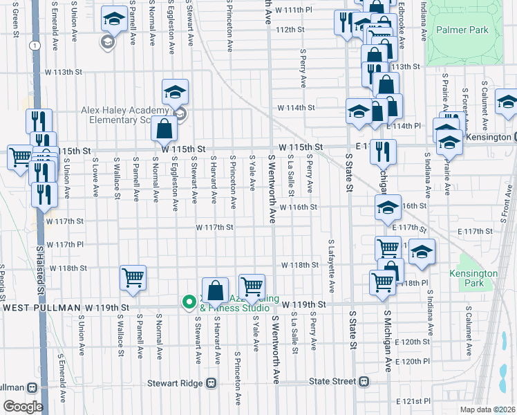 map of restaurants, bars, coffee shops, grocery stores, and more near 11649 South Yale Avenue in Chicago