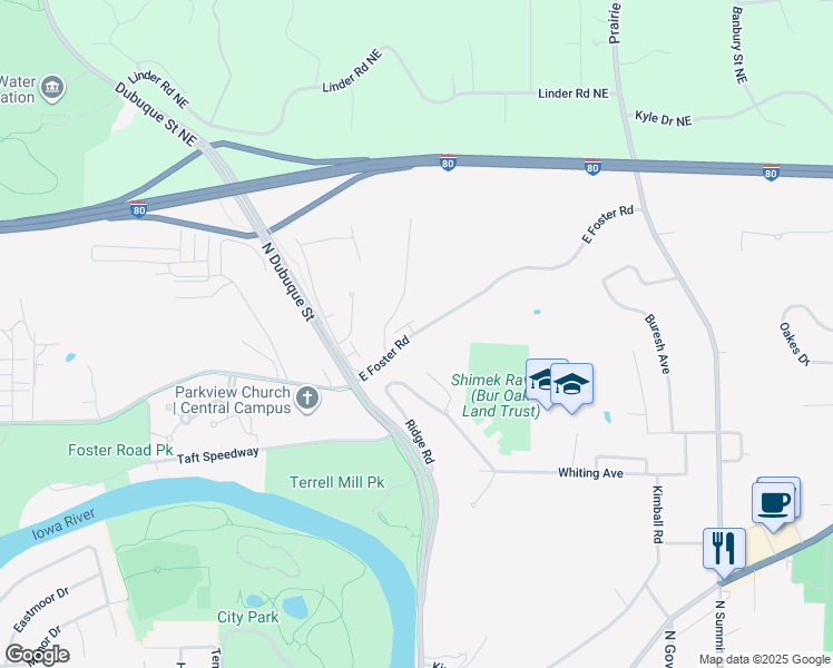 map of restaurants, bars, coffee shops, grocery stores, and more near 22 Ridgewood Lane in Iowa City