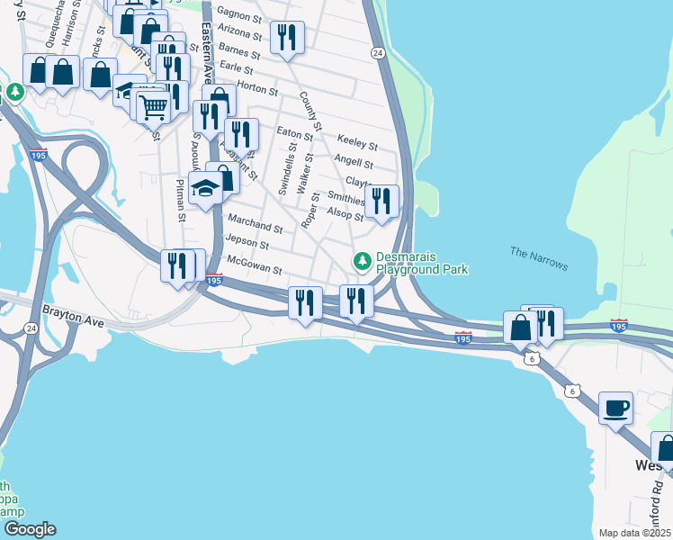 map of restaurants, bars, coffee shops, grocery stores, and more near 2239 Pleasant Street in Fall River