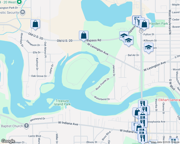 map of restaurants, bars, coffee shops, grocery stores, and more near 13 Quail Island Drive in Elkhart