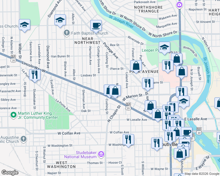 map of restaurants, bars, coffee shops, grocery stores, and more near 500-546 Cushing St in South Bend