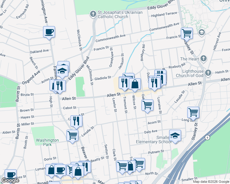 map of restaurants, bars, coffee shops, grocery stores, and more near 188 Allen Street in New Britain
