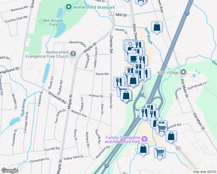 map of restaurants, bars, coffee shops, grocery stores, and more near 120 Waters View Drive in Wethersfield