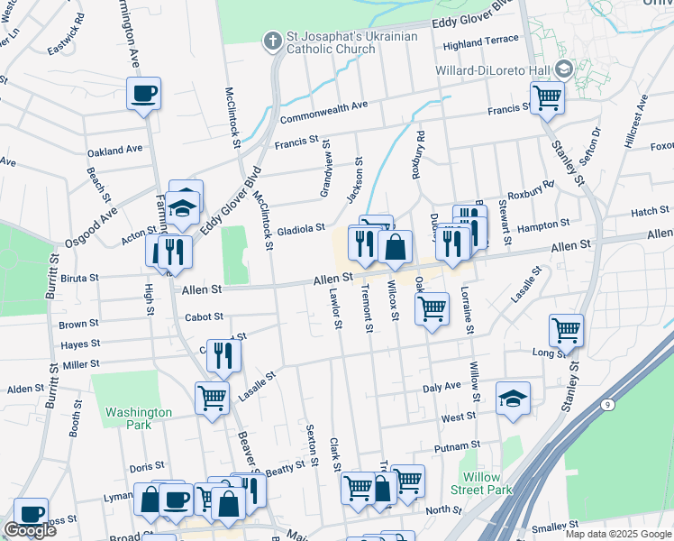 map of restaurants, bars, coffee shops, grocery stores, and more near 192 Allen Street in New Britain