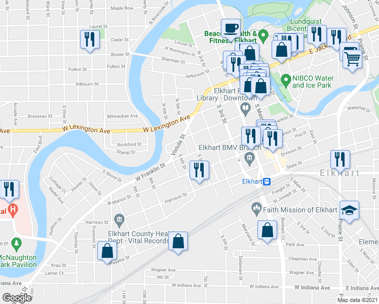 map of restaurants, bars, coffee shops, grocery stores, and more near 514 West Franklin Street in Elkhart