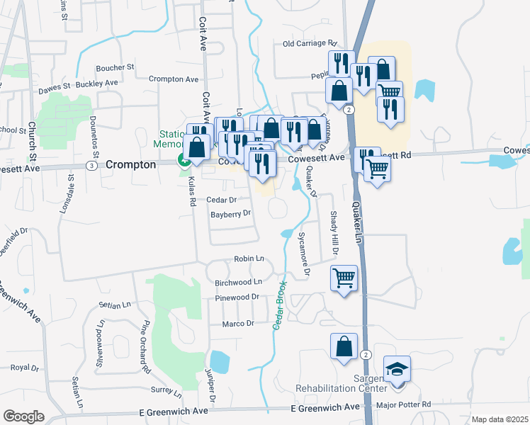 map of restaurants, bars, coffee shops, grocery stores, and more near 64 Kristee Circle in West Warwick