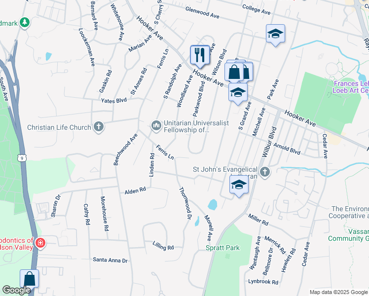 map of restaurants, bars, coffee shops, grocery stores, and more near 1 Thornwood Drive in Poughkeepsie