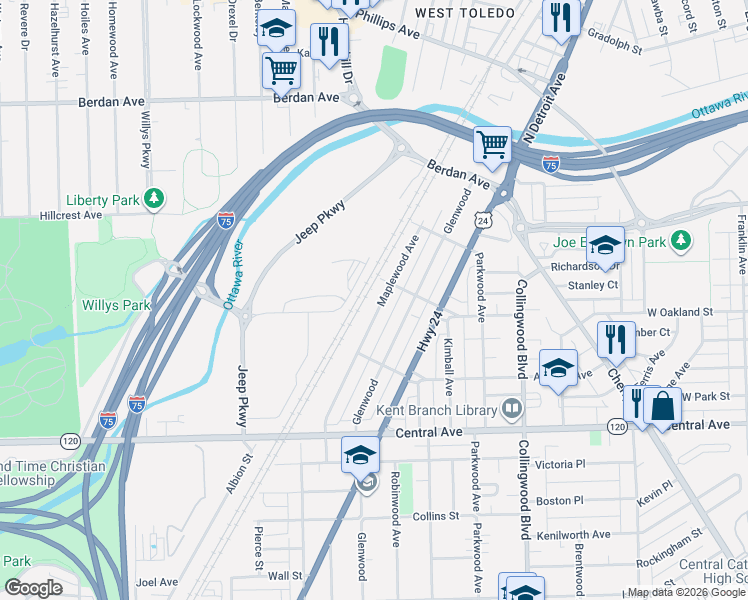 map of restaurants, bars, coffee shops, grocery stores, and more near 3245 Maplewood Avenue in Toledo