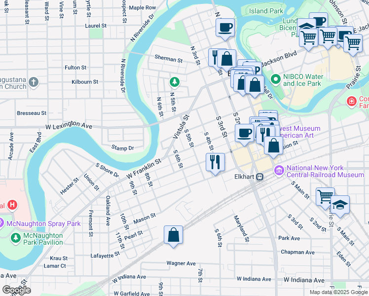 map of restaurants, bars, coffee shops, grocery stores, and more near 512 West Franklin Street in Elkhart