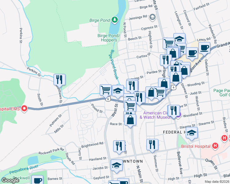 map of restaurants, bars, coffee shops, grocery stores, and more near 6 Terryville Avenue in Bristol