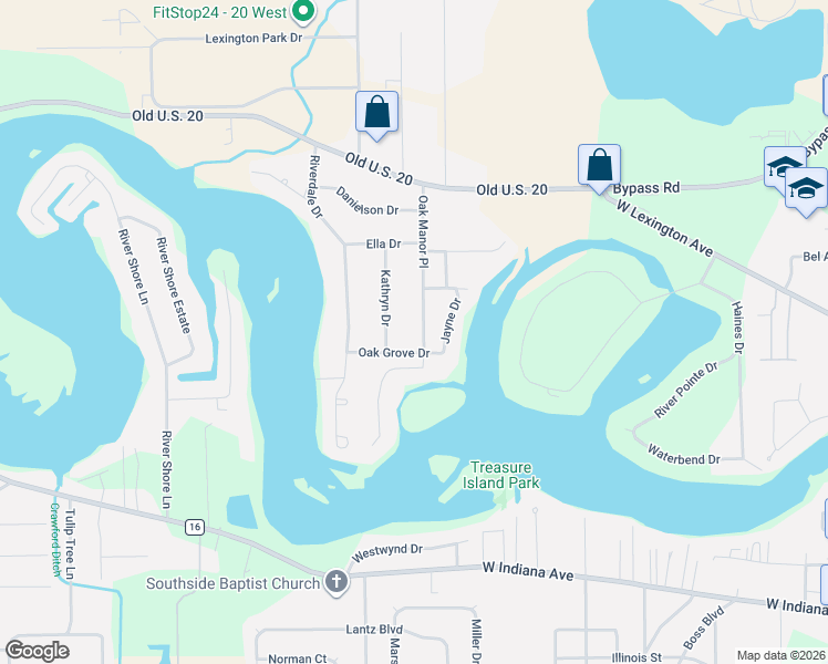 map of restaurants, bars, coffee shops, grocery stores, and more near 55884-55998 Oak Manor Pl in Elkhart
