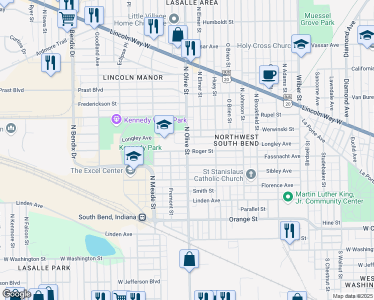 map of restaurants, bars, coffee shops, grocery stores, and more near 609 North Olive Street in South Bend