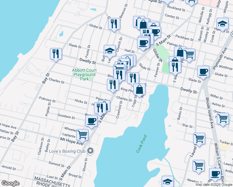 map of restaurants, bars, coffee shops, grocery stores, and more near 1902 South Main Street in Fall River