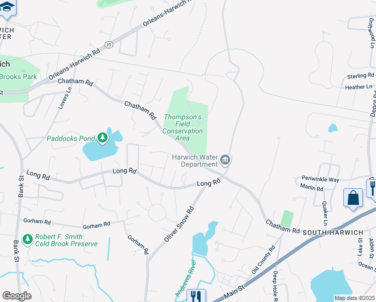 map of restaurants, bars, coffee shops, grocery stores, and more near Chatham Road in Harwich