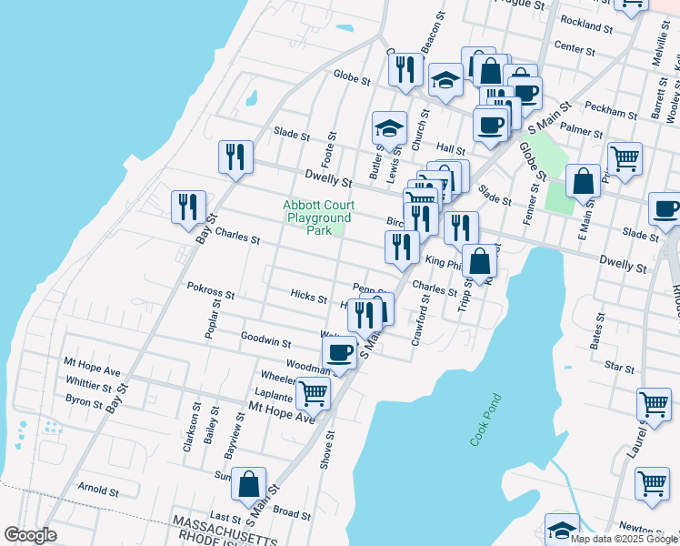 map of restaurants, bars, coffee shops, grocery stores, and more near 657 Penn Street in Fall River