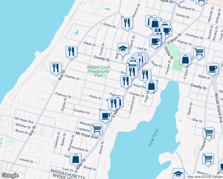 map of restaurants, bars, coffee shops, grocery stores, and more near 657 Penn Street in Fall River