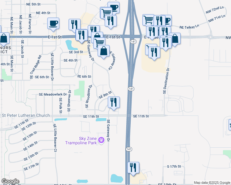 map of restaurants, bars, coffee shops, grocery stores, and more near 755 Southeast Gateway Drive in Grimes