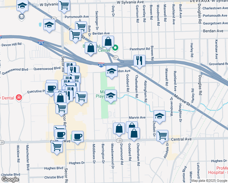 map of restaurants, bars, coffee shops, grocery stores, and more near 3020 Ilger Avenue in Toledo