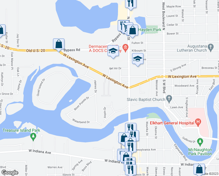 map of restaurants, bars, coffee shops, grocery stores, and more near 2301 West Lexington Avenue in Elkhart