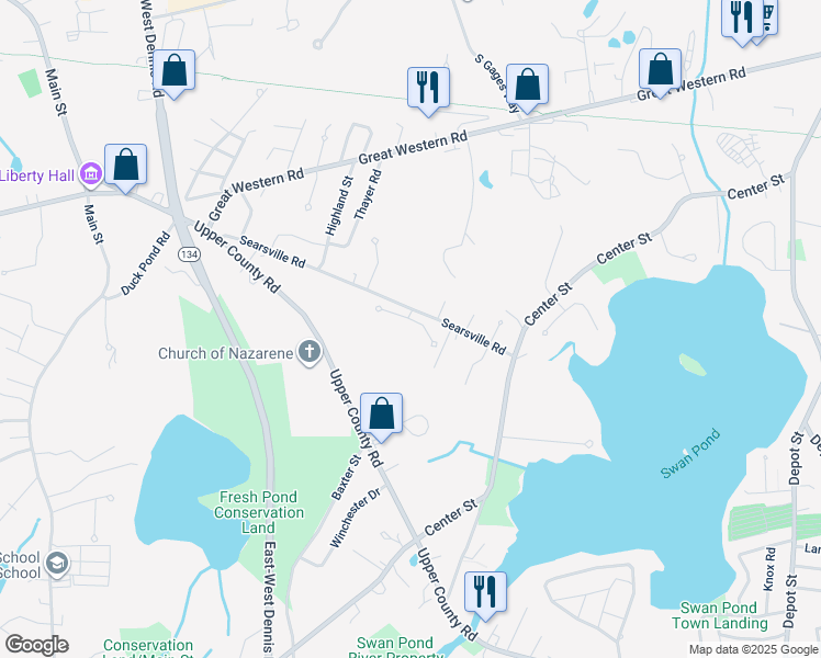 map of restaurants, bars, coffee shops, grocery stores, and more near 123 Searsville Road in Dennis