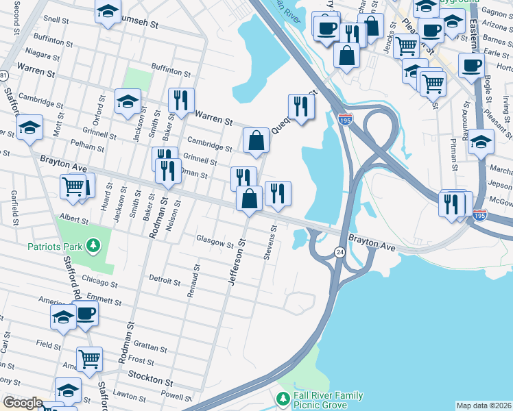 map of restaurants, bars, coffee shops, grocery stores, and more near 811 Brayton Avenue in Fall River