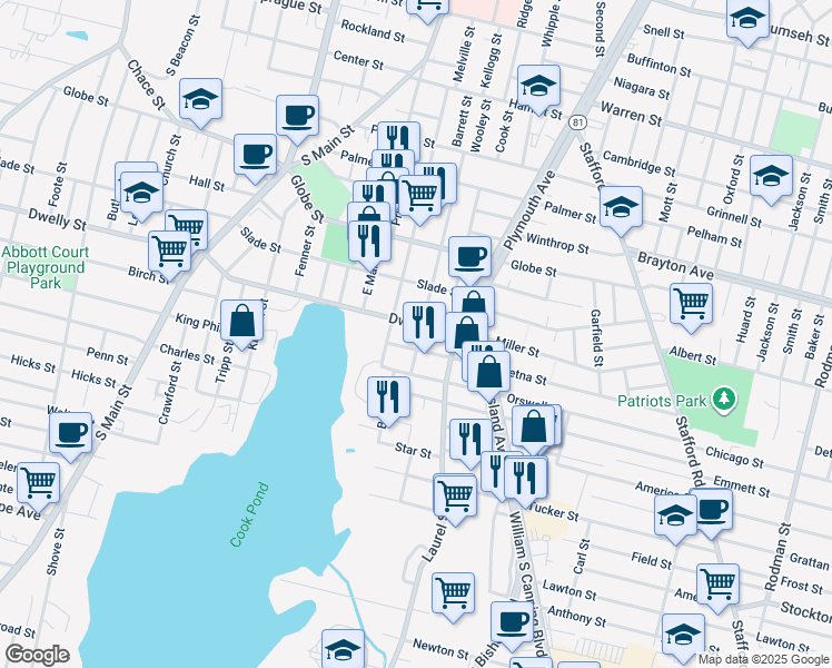map of restaurants, bars, coffee shops, grocery stores, and more near 87 Aetna Street in Fall River