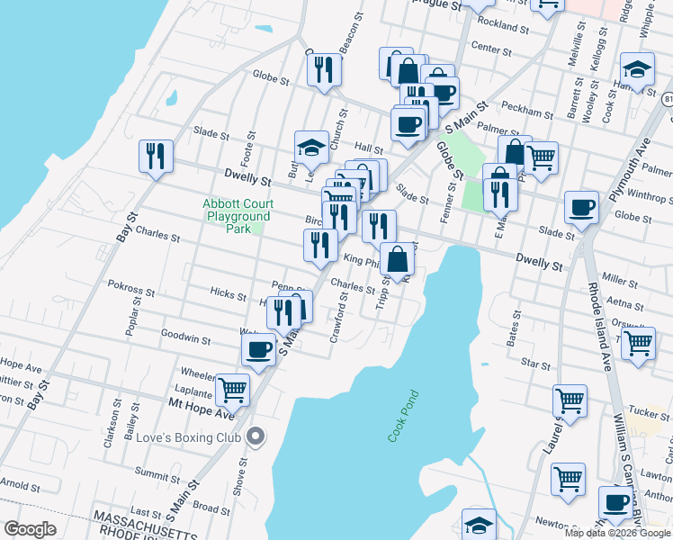 map of restaurants, bars, coffee shops, grocery stores, and more near 1902 South Main Street in Fall River