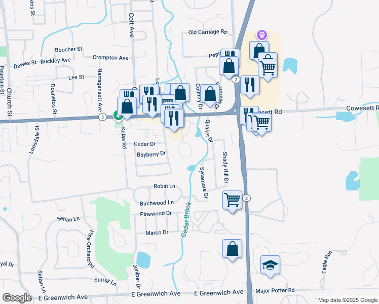 map of restaurants, bars, coffee shops, grocery stores, and more near 45 Kristee Circle in West Warwick