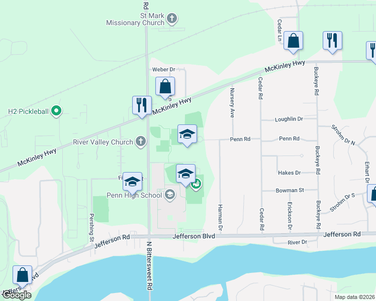 map of restaurants, bars, coffee shops, grocery stores, and more near 55860 Bittersweet Road in Mishawaka