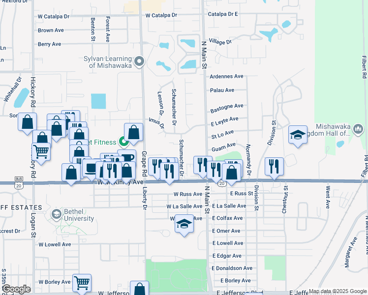 map of restaurants, bars, coffee shops, grocery stores, and more near 2301-2599 Schumacher Drive in Mishawaka