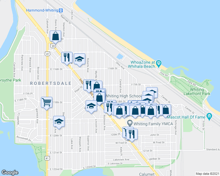 map of restaurants, bars, coffee shops, grocery stores, and more near 1728 Cleveland Avenue in Whiting