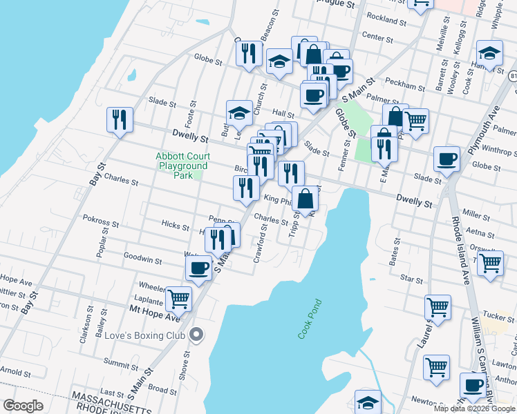 map of restaurants, bars, coffee shops, grocery stores, and more near 1902 South Main Street in Fall River