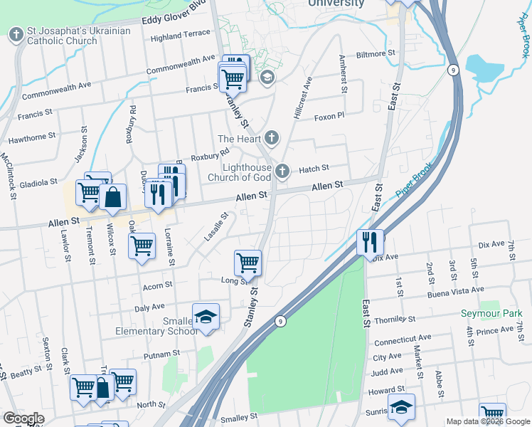 map of restaurants, bars, coffee shops, grocery stores, and more near 1274 Stanley Street in New Britain