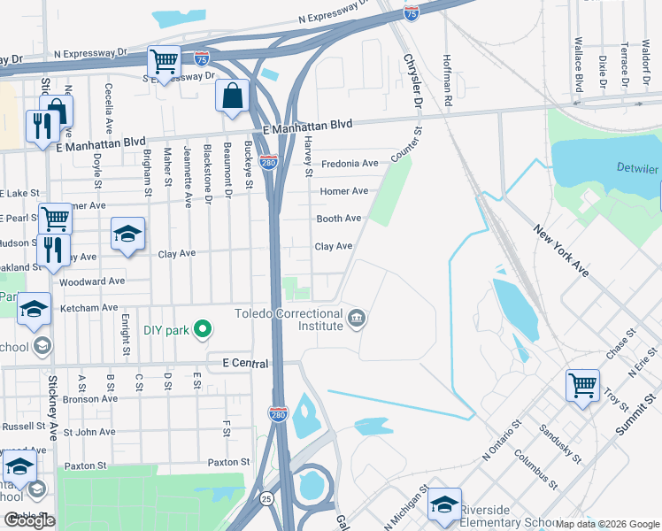 map of restaurants, bars, coffee shops, grocery stores, and more near 1834 Ridgewood Avenue in Toledo