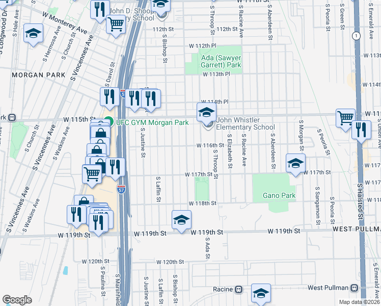 map of restaurants, bars, coffee shops, grocery stores, and more near 11634 South Loomis Street in Chicago