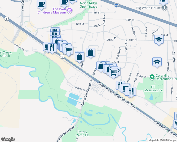 map of restaurants, bars, coffee shops, grocery stores, and more near in Coralville