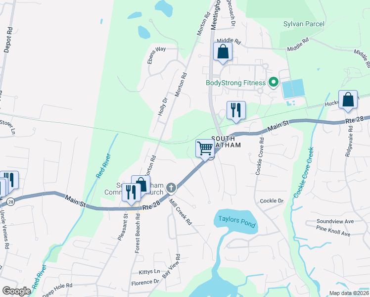 map of restaurants, bars, coffee shops, grocery stores, and more near 2492 Main St in Chatham