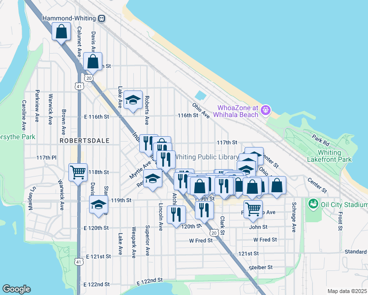 map of restaurants, bars, coffee shops, grocery stores, and more near 1706 Cleveland Avenue in Whiting