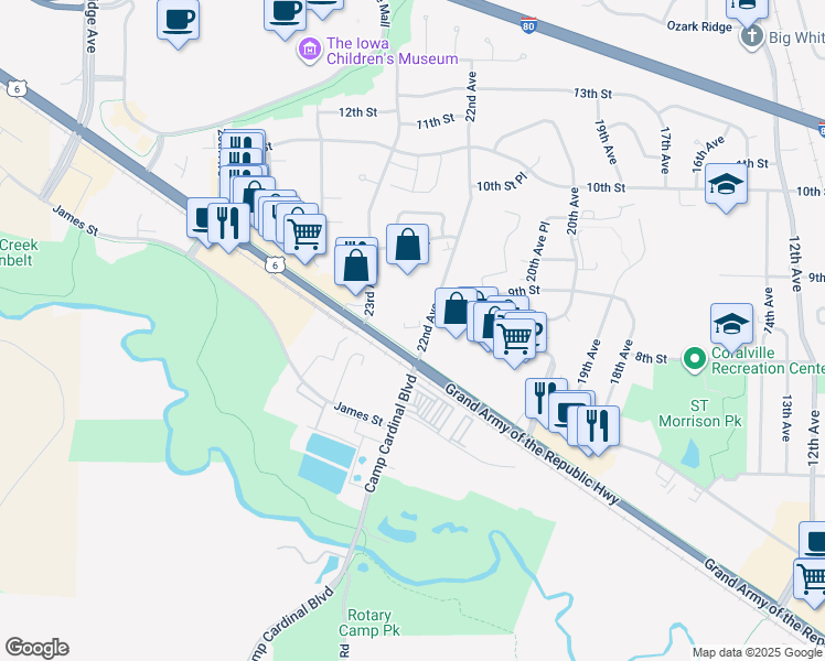 map of restaurants, bars, coffee shops, grocery stores, and more near in Coralville