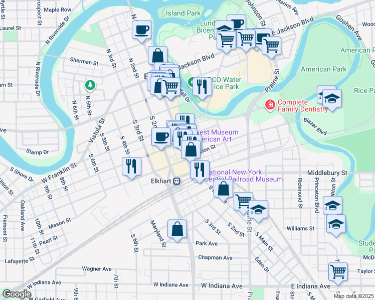 map of restaurants, bars, coffee shops, grocery stores, and more near 526 South Main Street in Elkhart