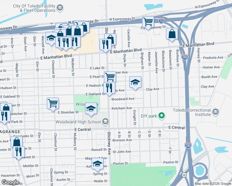 map of restaurants, bars, coffee shops, grocery stores, and more near 816 Woodward Avenue in Toledo