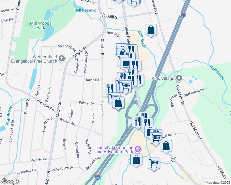 map of restaurants, bars, coffee shops, grocery stores, and more near 56 Town Line Road in Rocky Hill