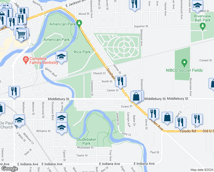 map of restaurants, bars, coffee shops, grocery stores, and more near 654 Gladstone Avenue in Elkhart