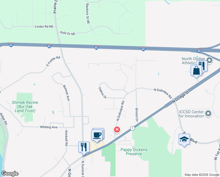 map of restaurants, bars, coffee shops, grocery stores, and more near 1232 Oakes Drive in Iowa City
