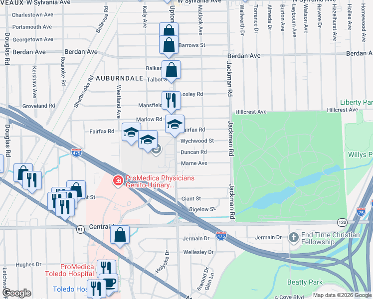 map of restaurants, bars, coffee shops, grocery stores, and more near 1838 Duncan Road in Toledo