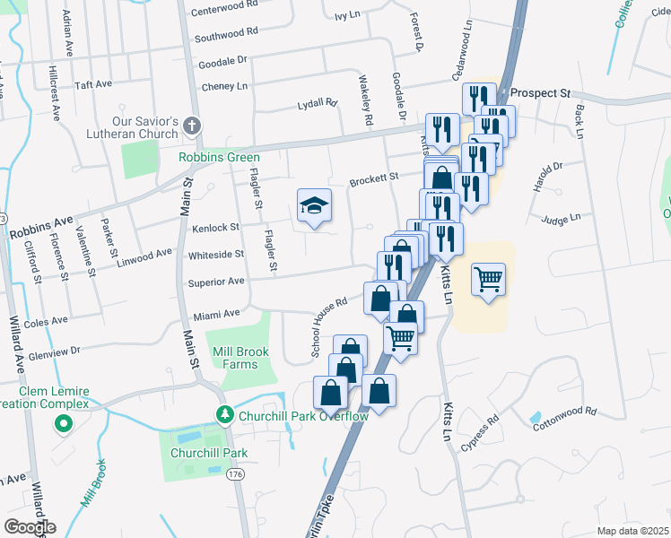map of restaurants, bars, coffee shops, grocery stores, and more near 160 Superior Avenue in Newington