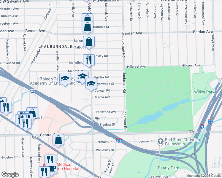 map of restaurants, bars, coffee shops, grocery stores, and more near 1750 Duncan Road in Toledo