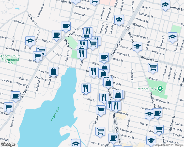 map of restaurants, bars, coffee shops, grocery stores, and more near 87 Aetna Street in Fall River