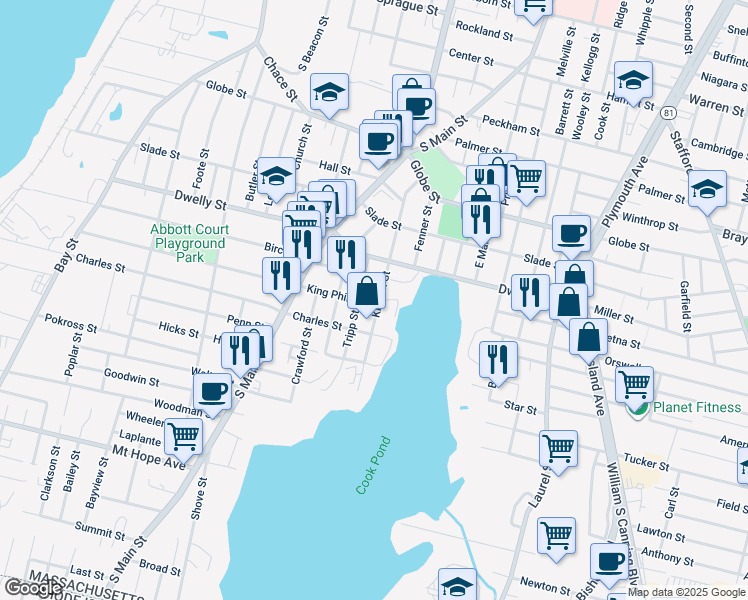 map of restaurants, bars, coffee shops, grocery stores, and more near 394 Kilburn Street in Fall River