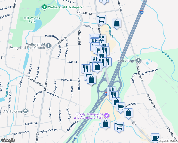 map of restaurants, bars, coffee shops, grocery stores, and more near 56 Town Line Road in Rocky Hill